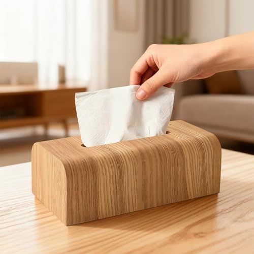 Kosmetiktücher Box Holz, Massives Funier Taschentuchbox Echtholz, Schlichtes Design Tücherbox Natürliche Maserung Kosmetiktücherbox Leder,für Zuhause und Restaurant 265×140×85mm