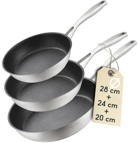 SILBERTHAL Set sartenes 20+24+28 cm antiadherentes inox - Inducción | Acero inoxidable - Sin PFOA y PFOS con triple fondo - Antiadherente - Para todo tipo DE cocinas - Rápida y saludable