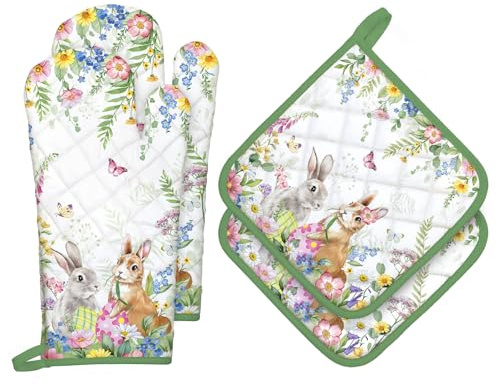 Arquiel Guanti Da Forno Presina Set Di 4 Coniglietto Di Pasquale, Cotone Addensare Guanti Da Forno A Microonde, Presine Da Cucina Morbida Resistenti Al Calore Per Arrostire, Cuocere Decorativo Regalo