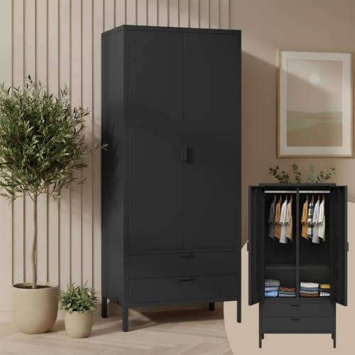 skølm Ituri Metallschrank 80 cm breit, Schwarz, mit 2 Schubladen, 6 Fächer | 2 Kleiderstangen, Kleiderschrank, Garderobenschrank für Flur, Schlafzimmerschrank Industrial Style, Stahlschrank, Büroschrank