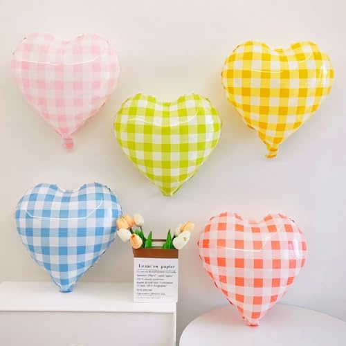 Lot de 10 ballons en aluminium à carreaux de couleur pastel, 45,7 cm, rose, bleu, rouge, vert, jaune, motif grille en forme de cœur, ballons vichy pour décoration rétro Y2K, anniversaire
