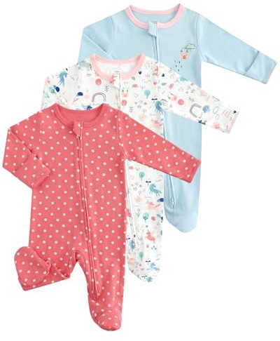 JiAmy Baby Schlafanzug Strampler 3er Pack Baumwolle, Unisex Baby Overall mit Reißverschluss, Fußteil und umklappbaren Fäustlingen Rot 0-3 Monate