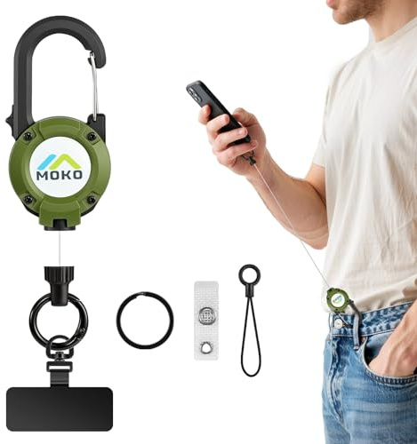 MoKo Anti-Theft Phone Lanyard with Retractable Steel Line | Lockable anti-drop phone strap with 360° tether tab for outdoor activities, Green