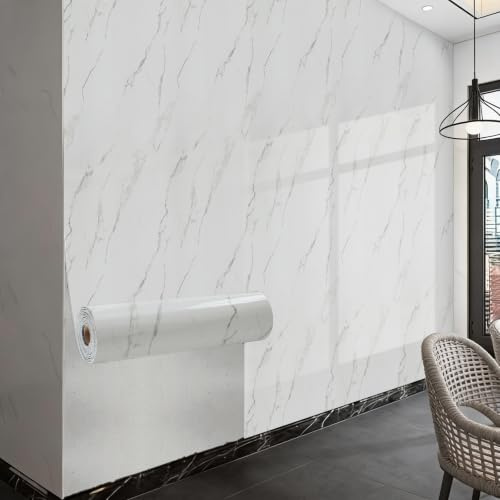 Takezuaa 4 Roll Fliesenaufkleber PVC, Marmor Klebefliesen Küche 40x300cm Badezimmer Selbstklebende Fliesen Wasserdicht Wandfliesen Fliesenfolie für Bad Küche Wohnzimmer Schlafzimmer - Weiß