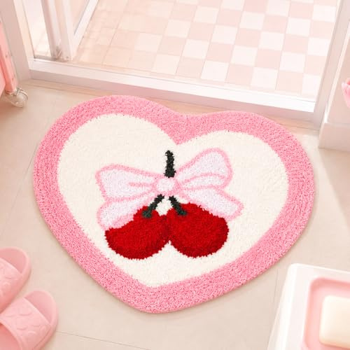 Dermalyx Badematte Corazón Y Cereza Diseño, Alfombra De Baño Suave, Tapete Acolchado para Ducha, Alfombrilla para Baño, Esterilla para Baño 45x60cm