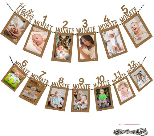 Banner für 1.Geburtstag Baby-Meilenstein-Girlande/Geburtstagsdeko -12 Kraftpapier-Karten für Monatsbilder, inklusive Schnur & Nadel -Party-Dekoration & Zubehör