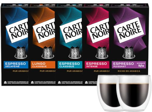 Carte Noire Coffret Cadeau - 50 Capsules compatibles Nespresso avec 2 tasses Bodum 8cl - Lungo N°6 - Classico N°7 - Puissant N°11 - Décaféiné N°5 - Intense N°9