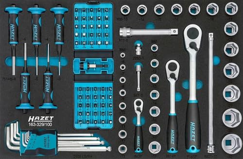 Hazet Werkzeug-Sortiment 163-329/100 | HAZET Safety-Insert-System (SIS) - Perfektes Ordnungssystem – alle Werkzeuge rüttelfest eingebettet | Länge: 519 mm x 342 mm