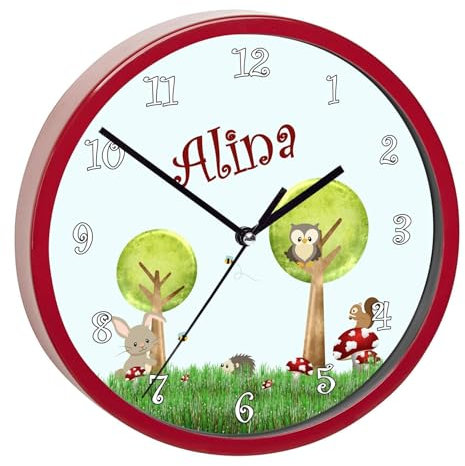 CreaDesign, Wanduhr Kinder personalisiert mit Name, Motiv Waldwiese, Rahmen Wanduhr rot, Ø 19,5 cm