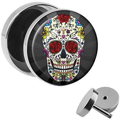 Treuheld | Ohrstecker zum Schrauben - bunter mexican SUGAR-SKULL Toten-Kopf - schwarz-grau - Motiv Fake-Plug Ø 10mm Silber - Edel-Stahl Ohr-Ringe - Chirurgen-Stahl Fake-Tunnel - Gewinde Ohr-Stecker