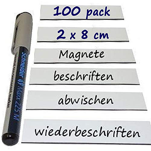 100 Magnetschilder Magnet-Etiketten beschreibbar/abwischbar in WEIß - Magnet Namensschilder Lageretiketten Magnetstreifen - für Regale Kühlschrank, Größe: 2 x 8 cm, Stückzahl: 100 Stück