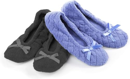 isotoner Women's 2 Pack Microterry Ballerina Slippers with Satin Bow, Suede Sole, and Terry Lining , Periwinkle Quilted/Ash Solid, 5-6
