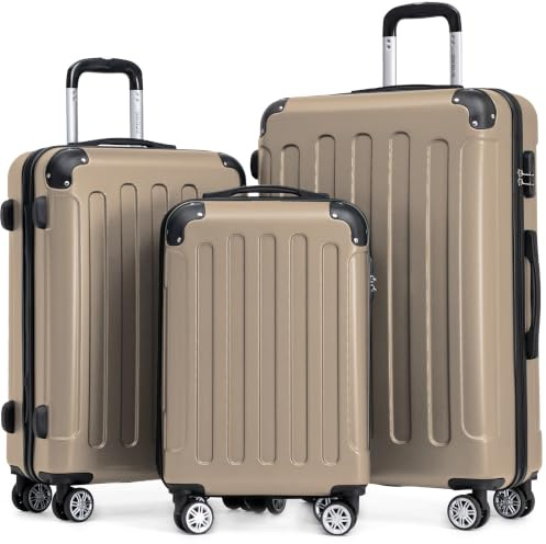 BEIBYE Kofferset 3-teilig – Kabinenkoffer, Reisekoffer und XL-Koffer aus ABS mit Doppelrollen und Zahlenschloss, Champagner