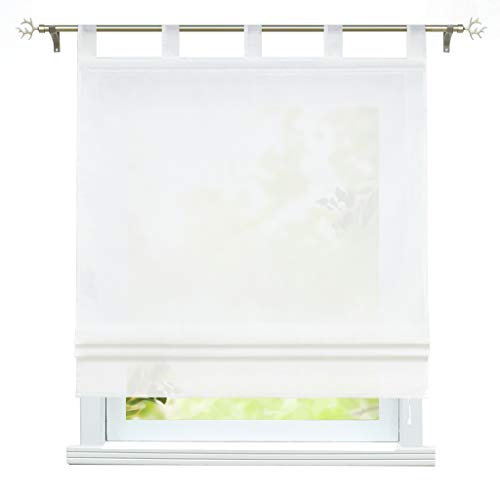 ESLIR Raffrollo mit Schlaufen Gardinen Küche Raffgardinen Uni Schlaufenrollo Transparent Vorhang Weiß BxH 120x140cm 1 Stück