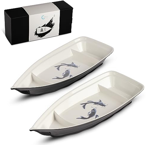 Namiway Sushi Boat Serving Tray - Set of 2 Elegant Serving Dishes - Nearly Unbreakable Melamine Plastic Plate - Top Dishwasher Safe