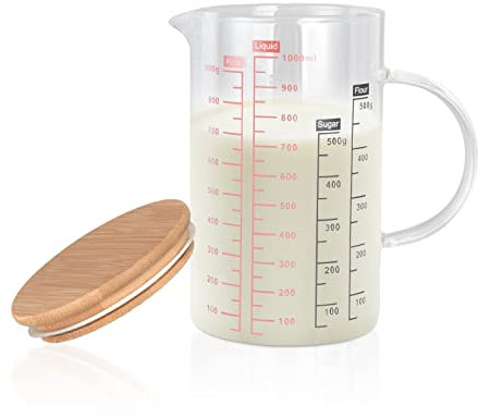 Taza Medidora de Vidrio con Tapa, Jarras Medidoras Transparentes Resistentes Al Calor, Jarra para Hornear Resistente A la Temperatura para Leche, Capuchino, Máquina de Café Espresso,Arte(1000ml)