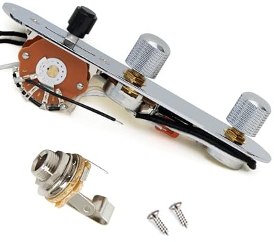 LAMSAM Fully Loaded Guitar Control Plate, Prewired 3-way Blade Switch Large Potentiometers Orange Drop Capacitor, Knurled Volume Tone Controls Knobs Fit for Telecaster Style Guitars, Chrome