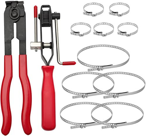 Alpha Rider 12 Stücke Schlauchschellen Set für Auto/ATV, Einstellbare Schlauchklemmen mit 2 Werkzeug,10 Crimpbänder Ohr Verlängerung für Meisten Autos