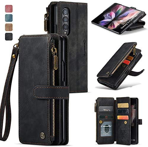 Wallet Case for Samsung Galaxy Z Fold 3, Multifunction Fashion Premium PU Leather Zipper Flip FolioShockproof case with Magnetic Closure Built-in Kickstand and Card Slot for Galaxy Z Fold3 5G (Black)