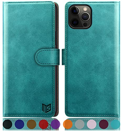 SUANPOT [RFID Schutz für iPhone 12 Pro Max 6,7-Zoll Hülle PU Leder Handyhülle Lederhülle Klapphülle Kartenfach Flip Cover für Apple 12 Pro Max Handy hülle Leather Wallet Phone Case Blau Grün