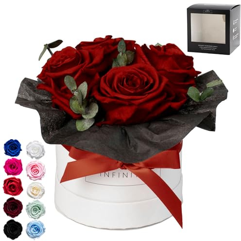 Infinity Flowerbox - Eucalyptus Bouquet in Dunkelrot - Konservierte Rose in Geschenkbox, blüht 3 Jahre lang, ganz ohne Wasser