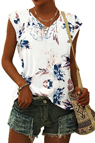 WNEEDU T-Shirt Damen Sommer V Ausschnitt Tank Top Locker Bluse Oberteile Top Sommer Damen Leicht und Luftig mit Flügelärmeln Weiße Blume XXL