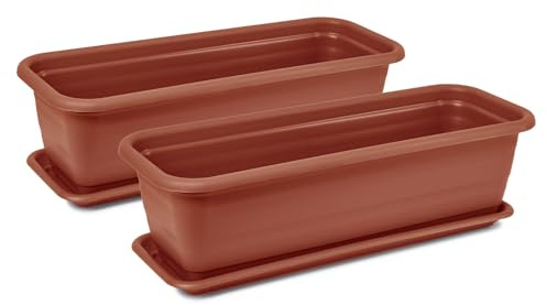 Tymar Blumenkasten mit Untersetzer, 2 Stück, Balkonkasten, Pflanzkasten aus Kunststoff, rechteckiger Blumentopf, Garten, Balkon, Terrasse(Terrakotta, 50x18,7x14,7cm)