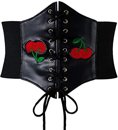 Gothic Breite elastische Unterbrust Kirsche Stickerei Korsett für Frauen PU Leder Schwarz Vintage Gürtel