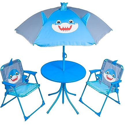 Relsy Shark Blue Patio Set Kids Garden Furniture | 4-Piece Bistro Set Includes Kids Picnic Table, 2x Foldable Garden Chair, Adjustable Garden Parasol | Blue Shark Design Kids Outdoor furniture