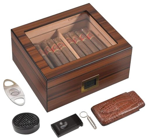 Volenx Luxurious Cigar Humidor, Handcraft Cigar Humidors Kits with Cutter and Lighter Black, Cigar Box Hold 30-50 Cigars 100% Cedar Wood Case with Digital Cigar Hygrometer/Travel humidor