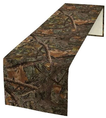 Tischläufer mit Wald-Camouflage, Nadelbaum, Eiche, Zweige, Blätter, moosige Jagdhütte, Camp-Hütte, Thema, Abendessen, Tischdekoration für Zuhause, Küche, Esstisch, Dekoration, 33 x 152,4 cm