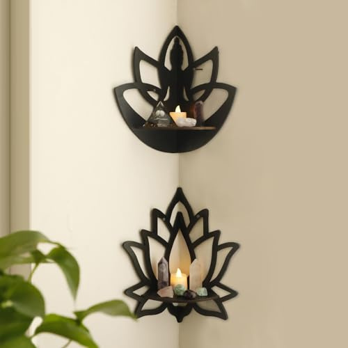 Artilady Crystal Shelf Display - 2 Pcs Lotus Buddha Floating Shelves for Wall Corner Floating Shelves for Crystals and Stone Display Bedroom Home Decor Aesthetic Witchy Gift for Women
