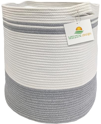 WIESEN.design Korb Ben Ø41xH46 cm Grau/Weiß/61 L, Aufbewahrungskorb geflochten aus Baumwolle, Aufbewahrung Kinderzimmer Badezimmer, Korb geflochten, Faltbarer Wäschekorb, Wäschesammler