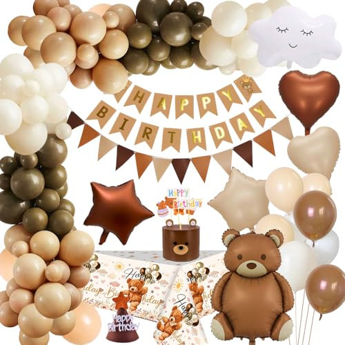 YYDSXK Geburtstagsdeko Junge Mädchen, Deko mit Bär Luftballon, Cake Topper, Hut, Tischdecke Geburtstag Party für party