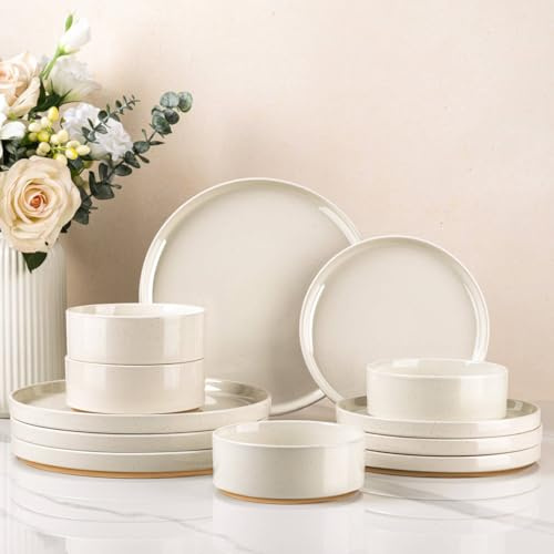 AmorArc Ceramic Dinnerware Set for 4 | Speckled Stoneware Plates and Bowls with unglazed terracotta | Scratch Resistant, Dishwasher & Microwave Safe Modern Dishes Sets- 12Pcs