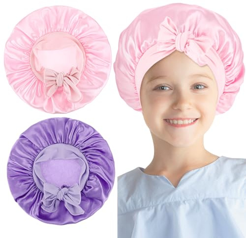 Prasacco 2 Pieces Kids Toddler Bonnets, Baby Bonnet Toddler Silk Bonnet for Kids Kids Satin Bonnets for Girls Adjustable Kids Silk Bonnet for Sleeping Sleeping Cap for Teens Toddler Child Curly Hair