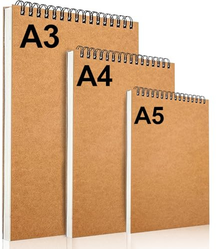 LOSYHU A3 A4 A5 Sketch Book 3pcs, 160gsm Spiral Bound Sketch Pad A3 Art Drawing Pads Hardback Kraft Cover Drawing Book Portrait Sketchbook for Painting, 60 Pages/30 Sheets