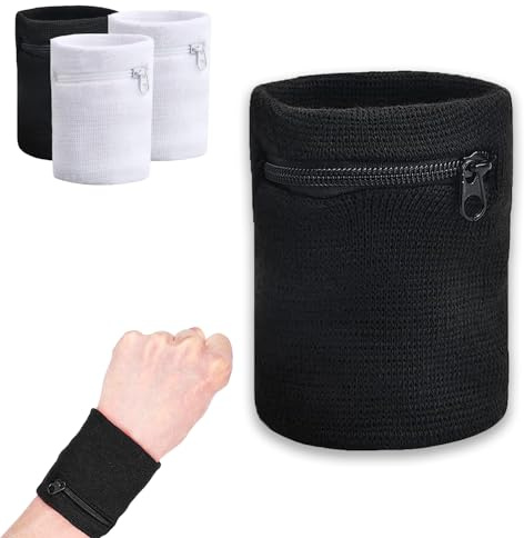 Sport handledsväska, svart och vit handledsväska med dragkedja, 4 stycken, svettband handled, sweatbandplånbok, svettabsorberande handledsslang, för basketlöpning