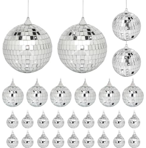 28 Pack Mini Mirror Disco Ball Set: Silver Hanging Disco Balls Decor - Small Mirror Ball Ornaments for Party Decorations Christmas Tree Birthday Wedding (1.2/1.6/2/2.4 Inch) | Small Mirror Balls Decor for Party Christmas Birthday Tree Cake Topper Wedding (1.2/1.6/2/2.4 Inch)