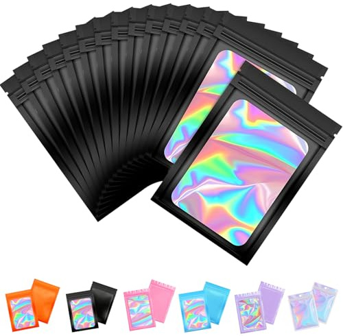 100pcs Bustine Mylar Olografiche Nero 7x10cm, Richiudibili Anti-Odore per Alimenti, Cosmetici e Gioielli