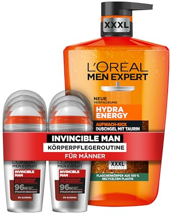 L'Oréal Men Expert High-Performance Körperpflegeset für Männer, Mit XXXL Duschgel und 6x Deoroller, Set für Herren mit Taurin, Hydra Energy, Invincible Man, 7-teilig