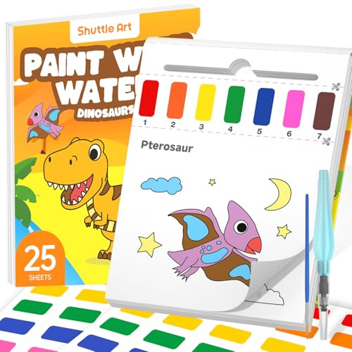 Shuttle Art Malbuch mit Wasserfarben für Kleinkinder, Wassermalbuch für Kinder mit 25 Seiten Dinosaurier Vorlagen, 2 Pinseln und Wassermalfarben, Wasserfarben nach Zahlen Kinder Malbuch ab 3-8