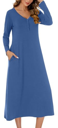 JCQIGOA Nattlinne dam lång med knappslå sexiga nattkläder amningsnattskjorta långärmad bomull oversize sovskjorta underklänning stor storlek för kvinnor pyjamasklänning, blå, XL