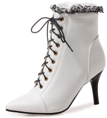 OALEEN Bottines à Lacetes Femme Hiver Talon Haut Aiguille Sexy Bout Pointu Effet Cuir Dentelle Soirée Boots Chaussures Blanche 41