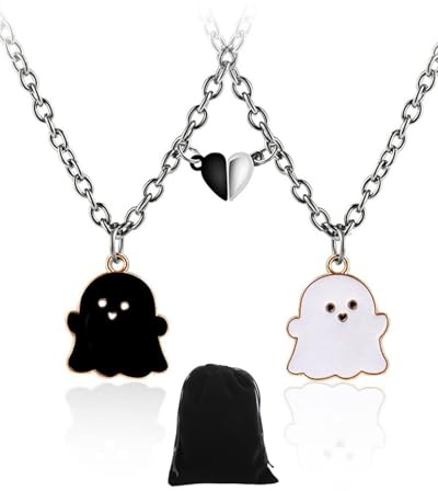 KGDUYC Colgante de fantasmas de la amistad, collar magnético para mujer, diseño de fantasmas, color negro, blanco, acero inoxidable, joyas para mujeres y niñas (2 unidades)