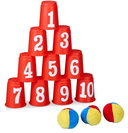 Relaxdays Dosenwerfen für Kinder, Büchsenwerfen Garten, 10 Kunststoffbecher & 3 Bälle, Wurfspiel Kindergeburtstage, bunt