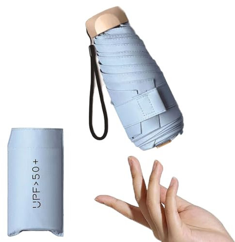 Luoqun88 Mini Umbrella, Compact Umbrella with UPF50+ Protection, Folding Travel Umbrellas Windproof Strong 6 Ribs, Sun Umbrellas, Handbag Brolly for Sun and Rain for Women Men and Child(Light Blue)