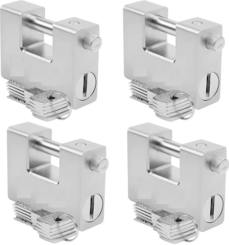AntDau71® - 4 x Lucchetto Corazzato Antiscasso da 1 Kg con 5 Chiavi - Acciaio Massiccio Temprato - Grillo Spesso 12 mm - Catenaccio Moto, Serranda, Cancello, Sicurezza Garage. Lunghezza 94mm
