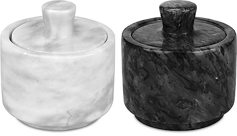 HESHIBI Salero de mármol con tapa, piedra blanca y negra, cuenco de sal y pimienta, contenedor para tarros, recipiente para cerdos