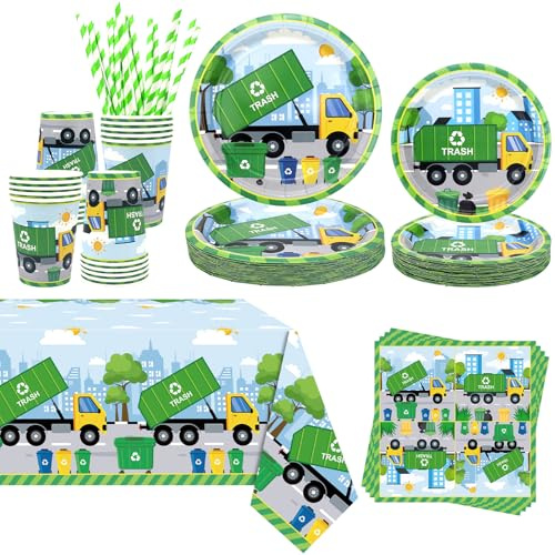 Obussgar Décoration de fête camion poubelle – Fournitures de table pour fête d'anniversaire avec assiettes, tasses, serviettes, nappes, pailles – Pour 20 personnes